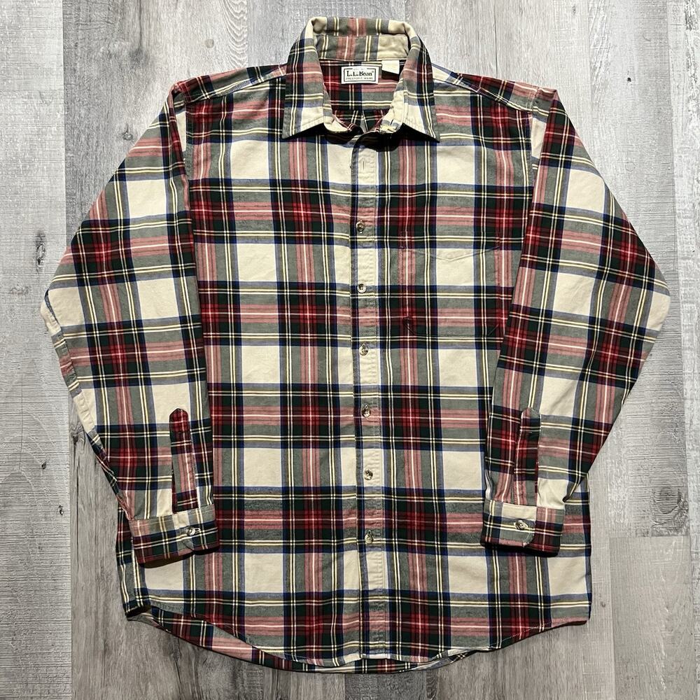 VTG LL Bean Heavy Cotton Red Cream Tartan Plaid Long Sleeve Button Shirt Mens LT